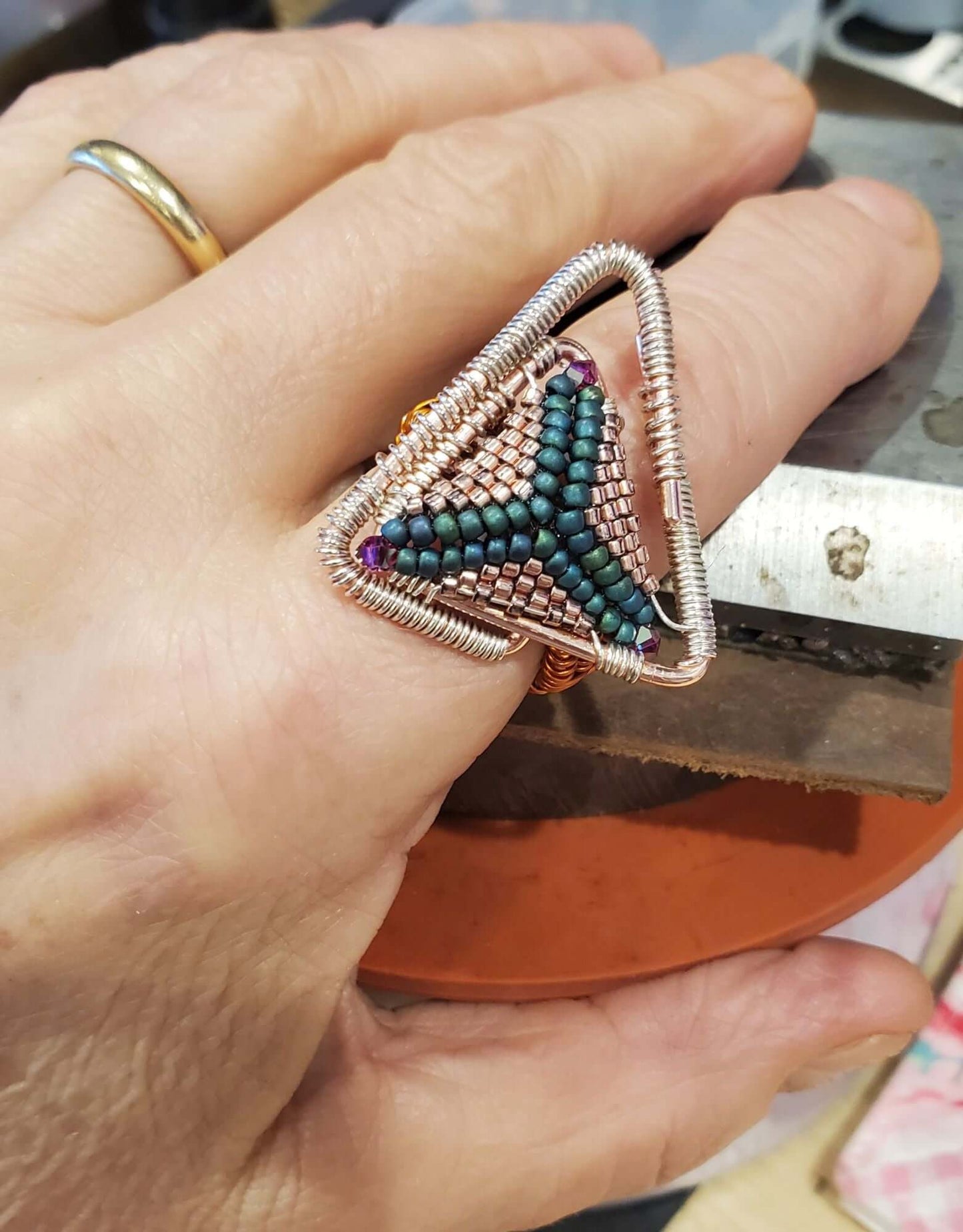 Abstract Asymmetric Triangle Copper Silver Beaded Ring