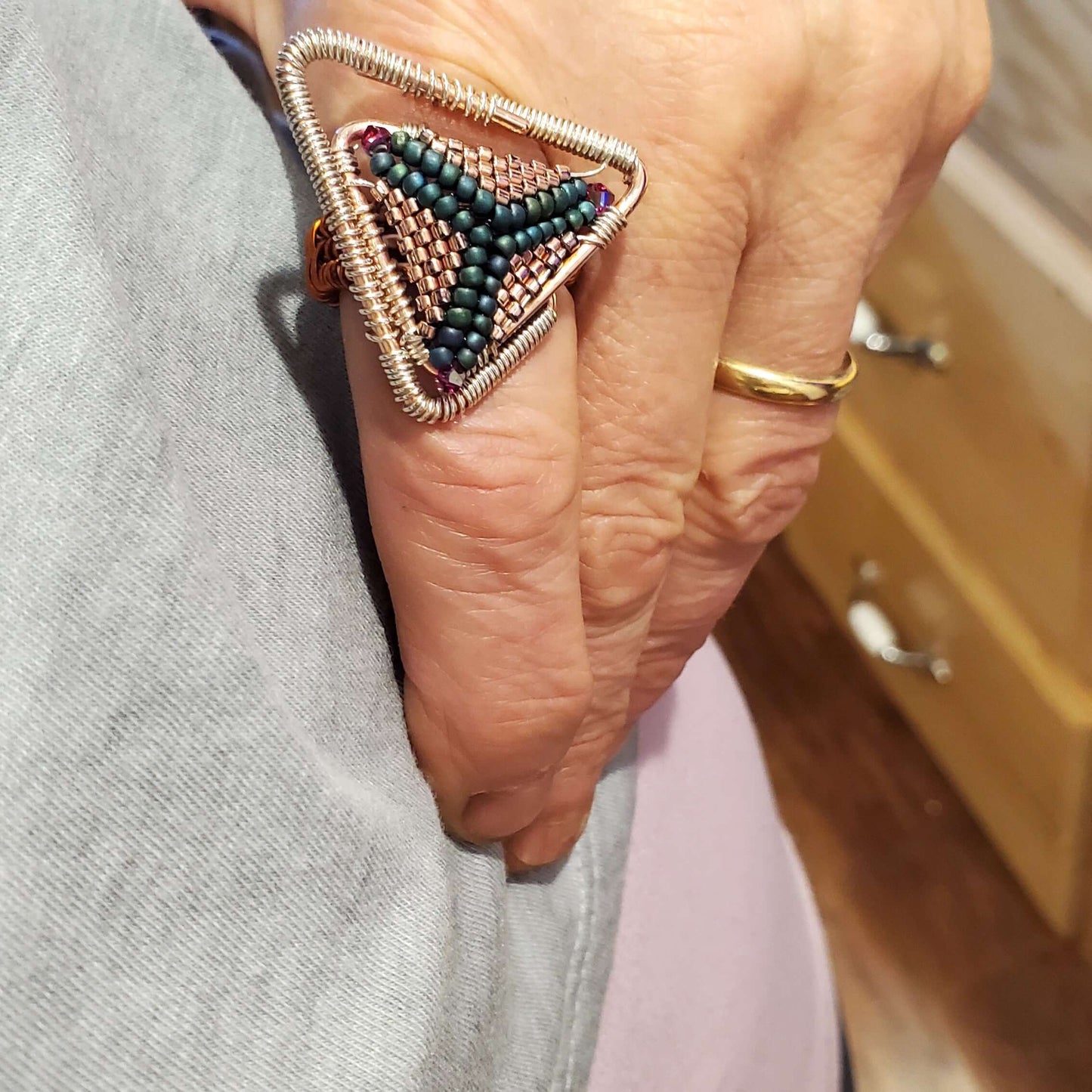 Abstract Asymmetric Triangle Copper Silver Beaded Ring