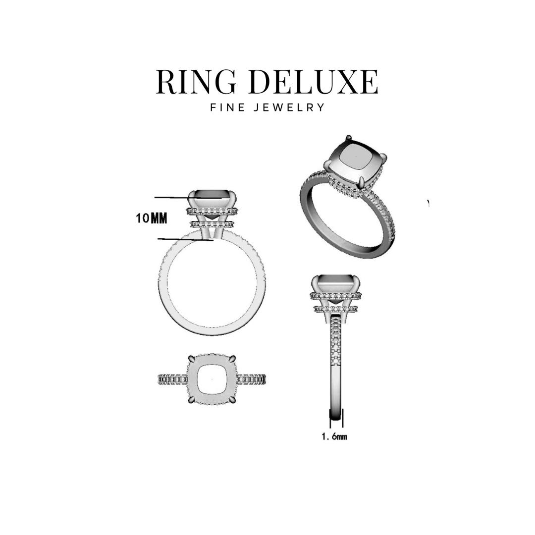 4.0ct Cushion Cut Moissanite Diamond Double Hidden Halo Engagement Ring