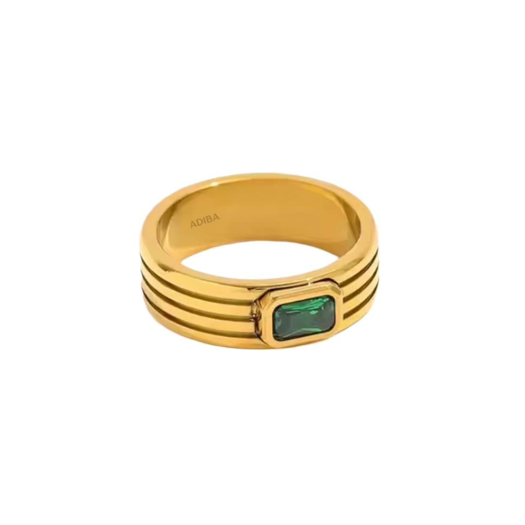 Green Glass Stone 18k Gold Plated Stainless Steel Ring ADIBA