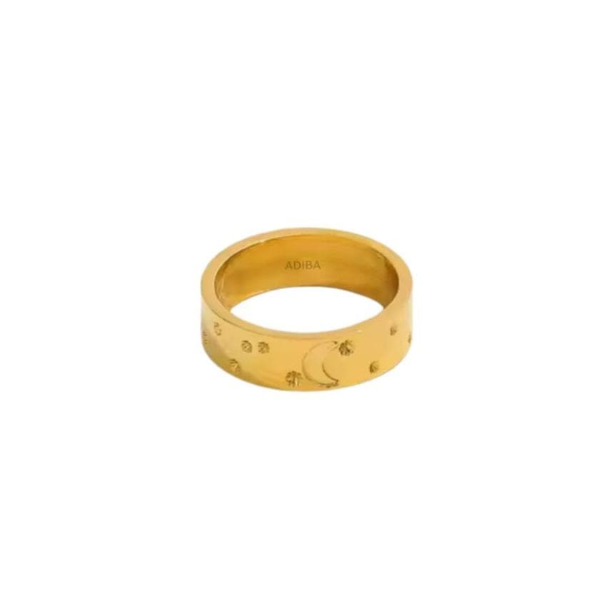 Moon and Stars Wide 18k Gold Plated Stainless Steel Ring ADIBA