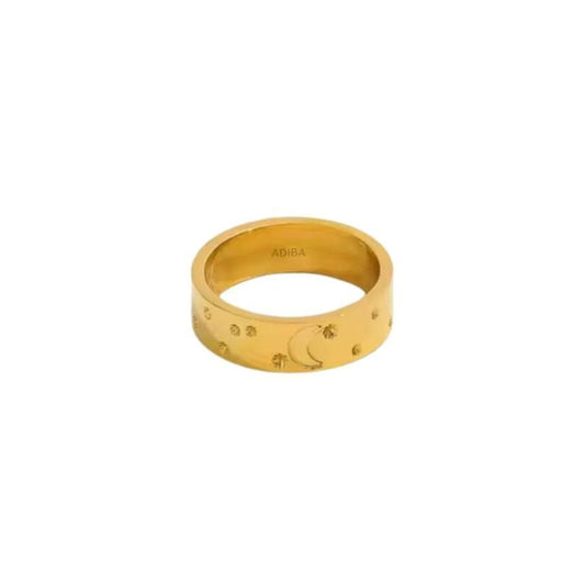 Moon and Stars Wide 18k Gold Plated Stainless Steel Ring ADIBA