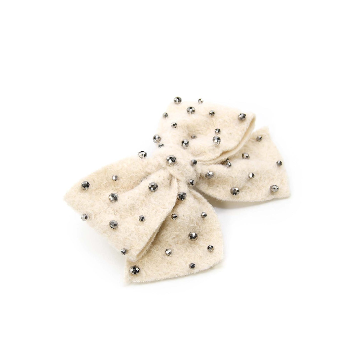 Beige Faux Woolen Hair Bow with Silver Beads Hair Accessory ADIBA