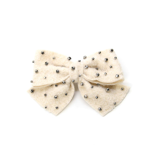 Beige Faux Woolen Hair Bow with Silver Beads Hair Accessory ADIBA