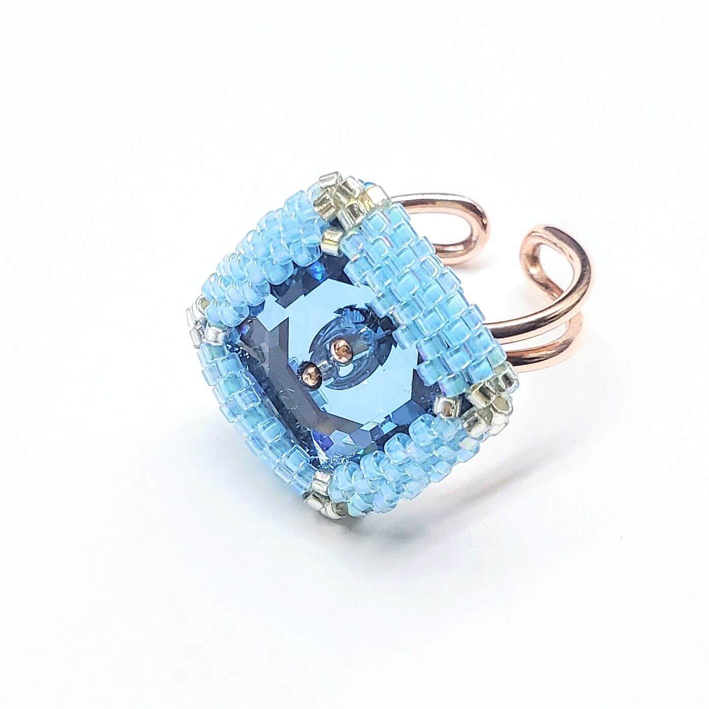 Adjustable Copper Aqua Crystal Bezel Shank Button Ring Asia Monet Ray