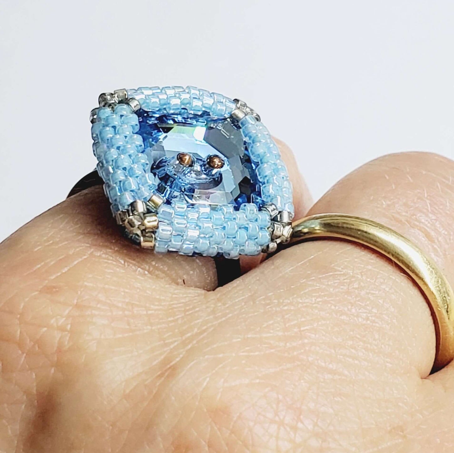 Adjustable Copper Aqua Crystal Bezel Shank Button Ring Asia Monet Ray