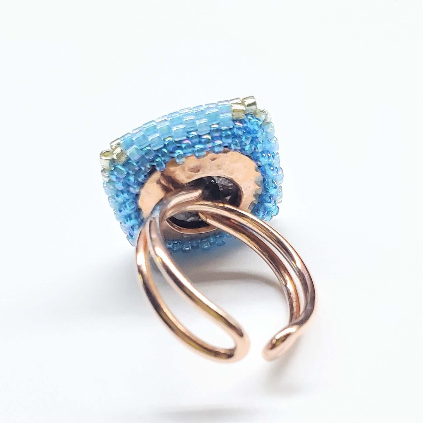 Adjustable Copper Aqua Crystal Bezel Shank Button Ring Asia Monet Ray