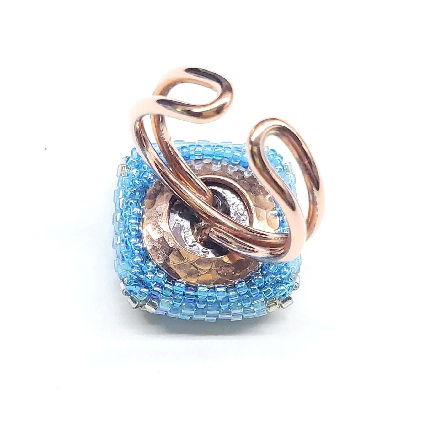 Adjustable Copper Aqua Crystal Bezel Shank Button Ring Asia Monet Ray