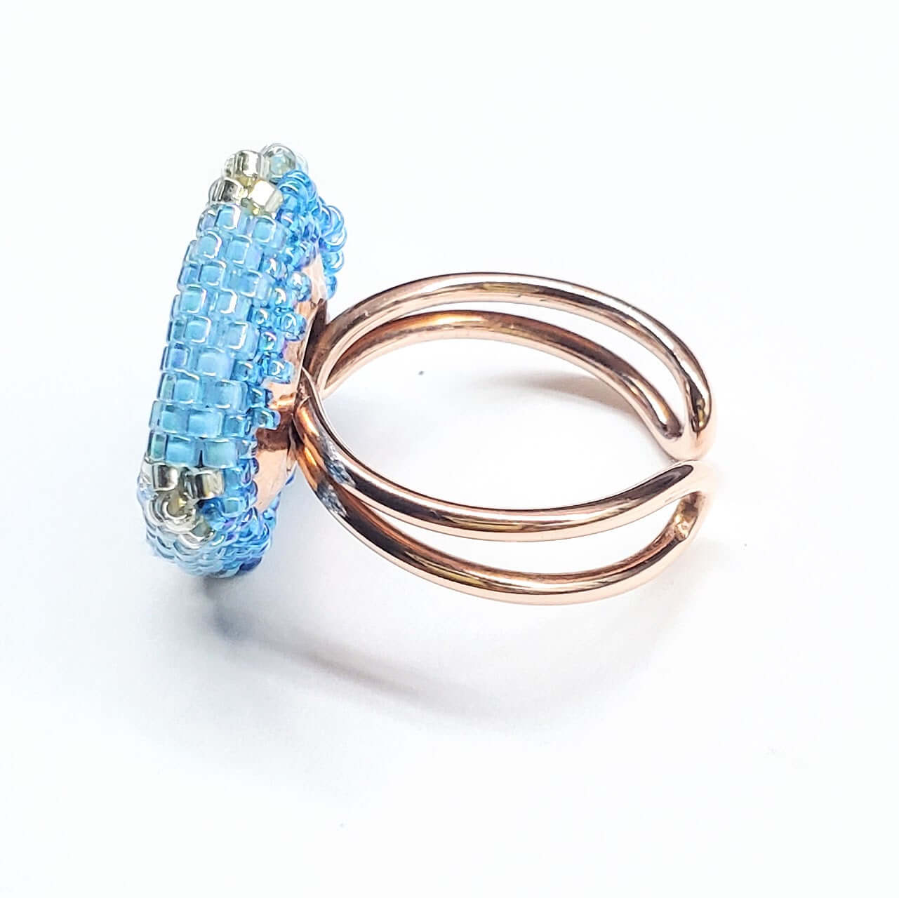 Adjustable Copper Aqua Crystal Bezel Shank Button Ring Asia Monet Ray