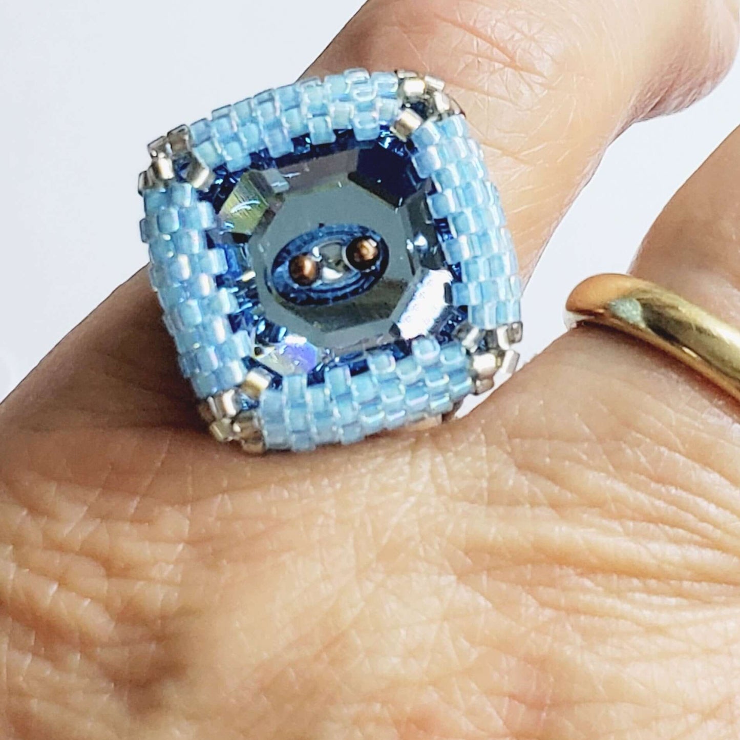 Adjustable Copper Aqua Crystal Bezel Shank Button Ring Asia Monet Ray