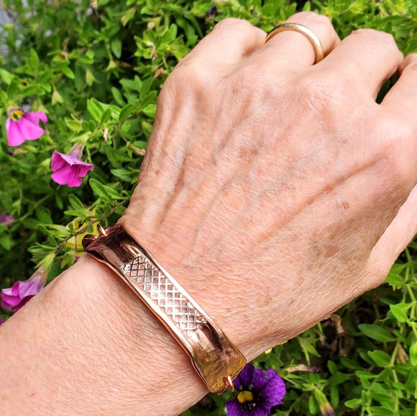 Adjustable Copper Channel Silver Mesh Cuff Bracelet Handmade