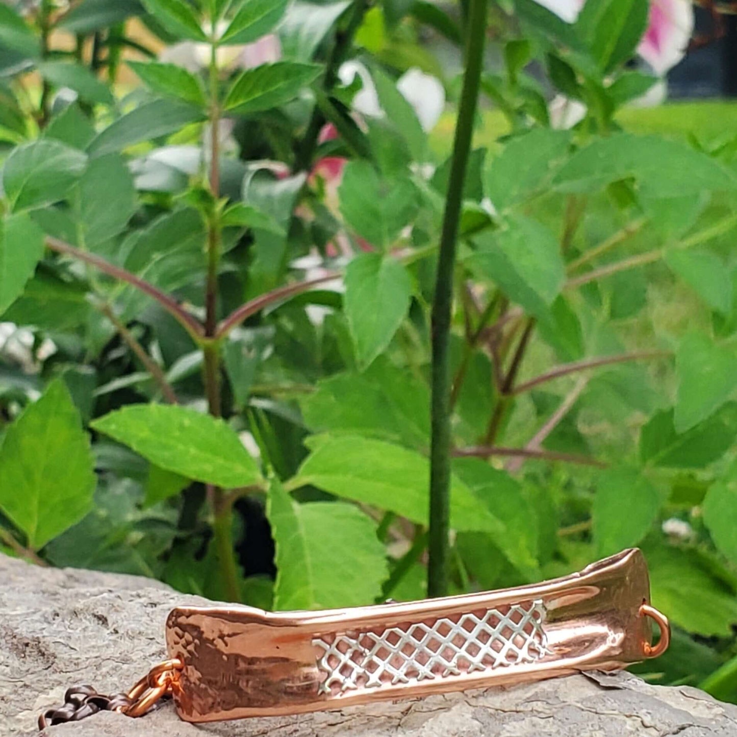 Adjustable Copper Channel Silver Mesh Cuff Bracelet Handmade