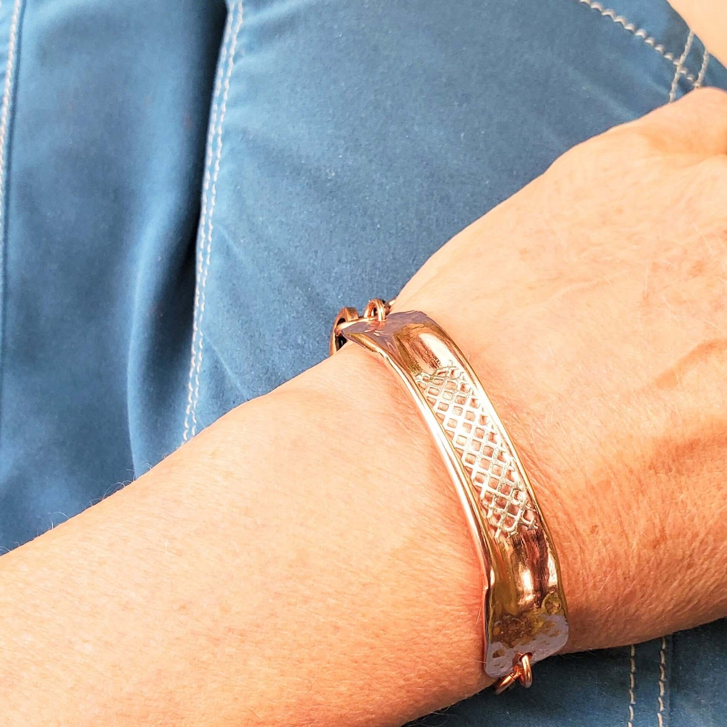 Adjustable Copper Channel Silver Mesh Cuff Bracelet Handmade