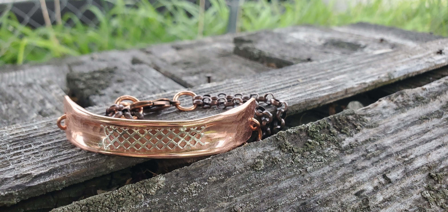 Adjustable Copper Channel Silver Mesh Cuff Bracelet Handmade