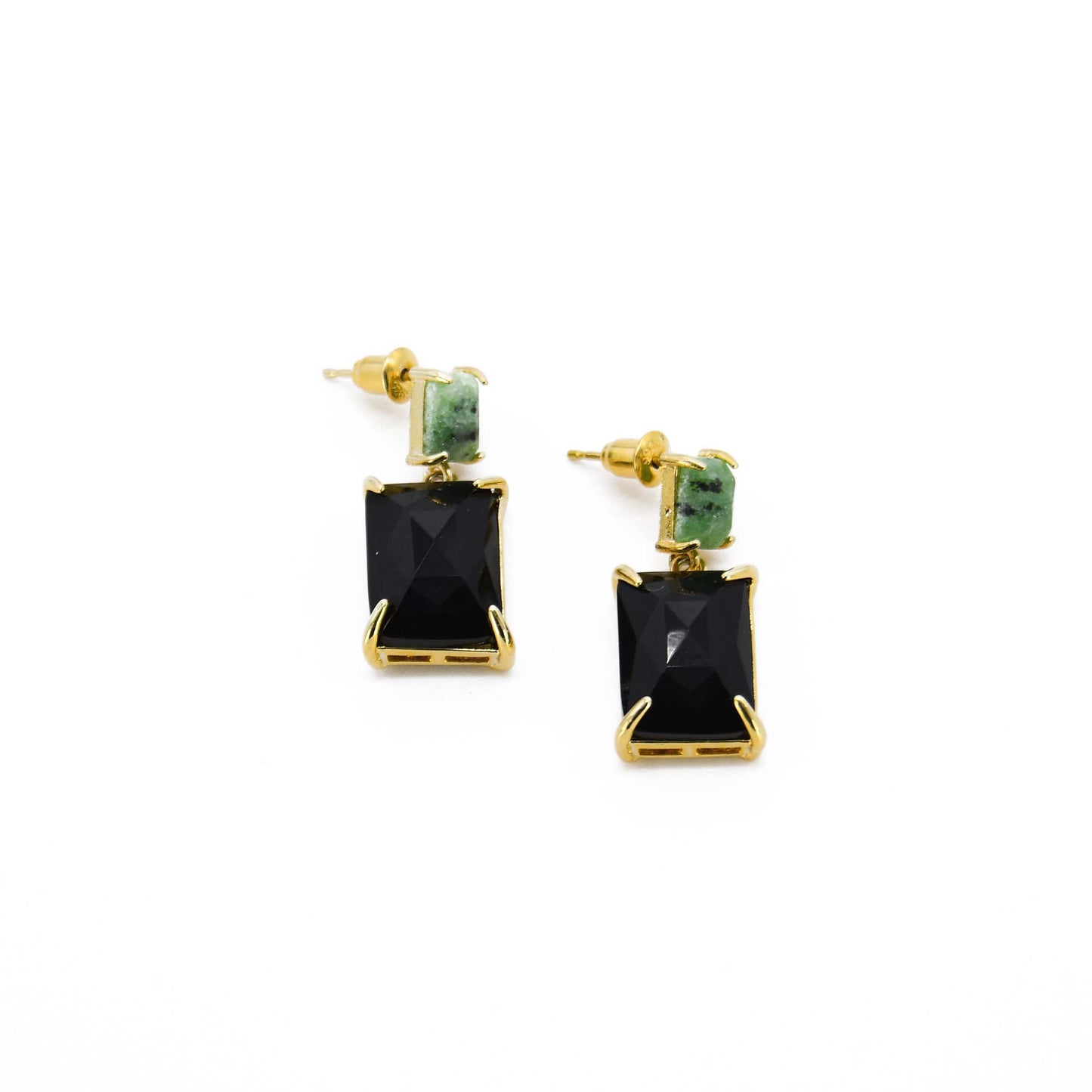 Jet Black Gemstone Labradorite and Agate Earring 14k Gold Plated