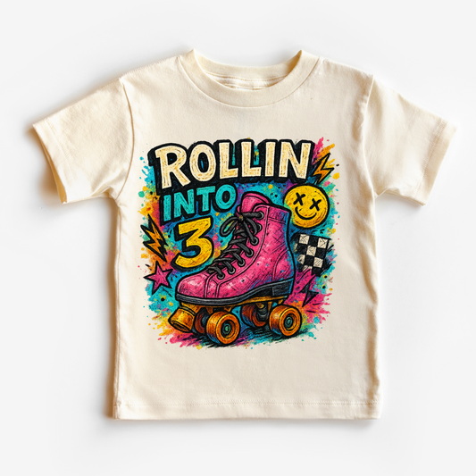 Rollin Into 3 Roller Skating Birthday Shirt - 3rd Birthday Tee