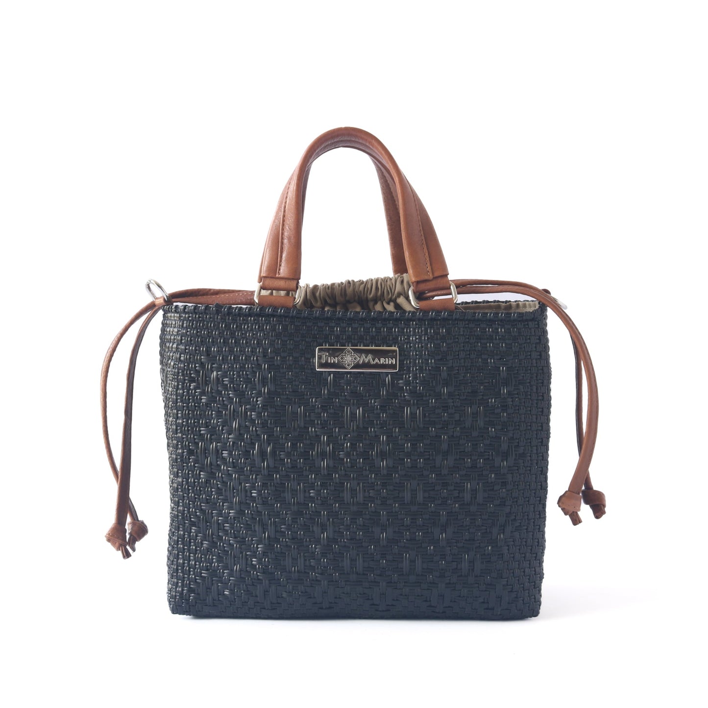 All Black Woven Medium Crossbody Drawstring Bag