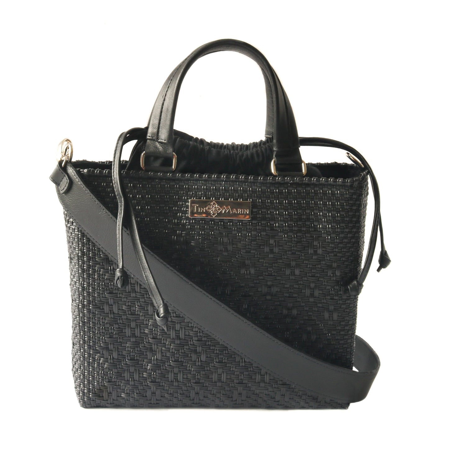 All Black Woven Medium Crossbody Drawstring Bag