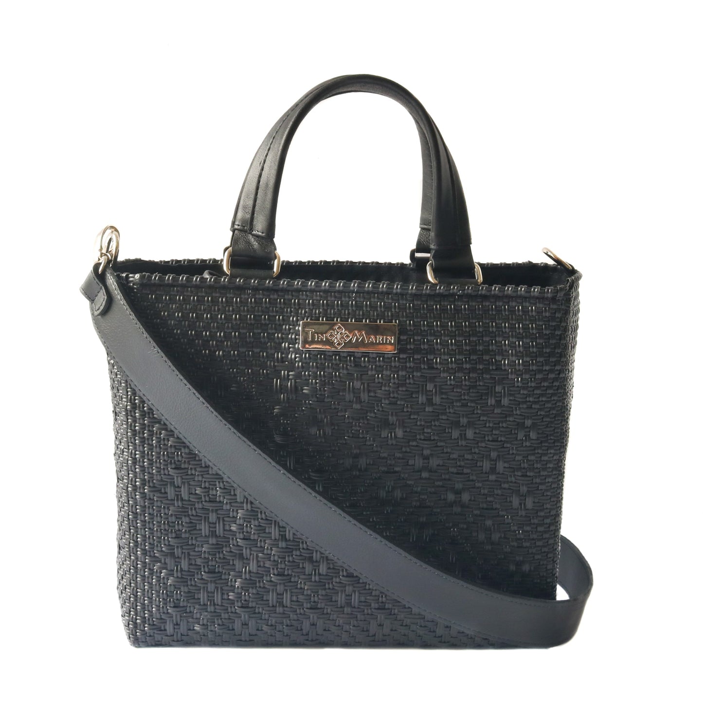 All Black Woven Medium Crossbody Drawstring Bag