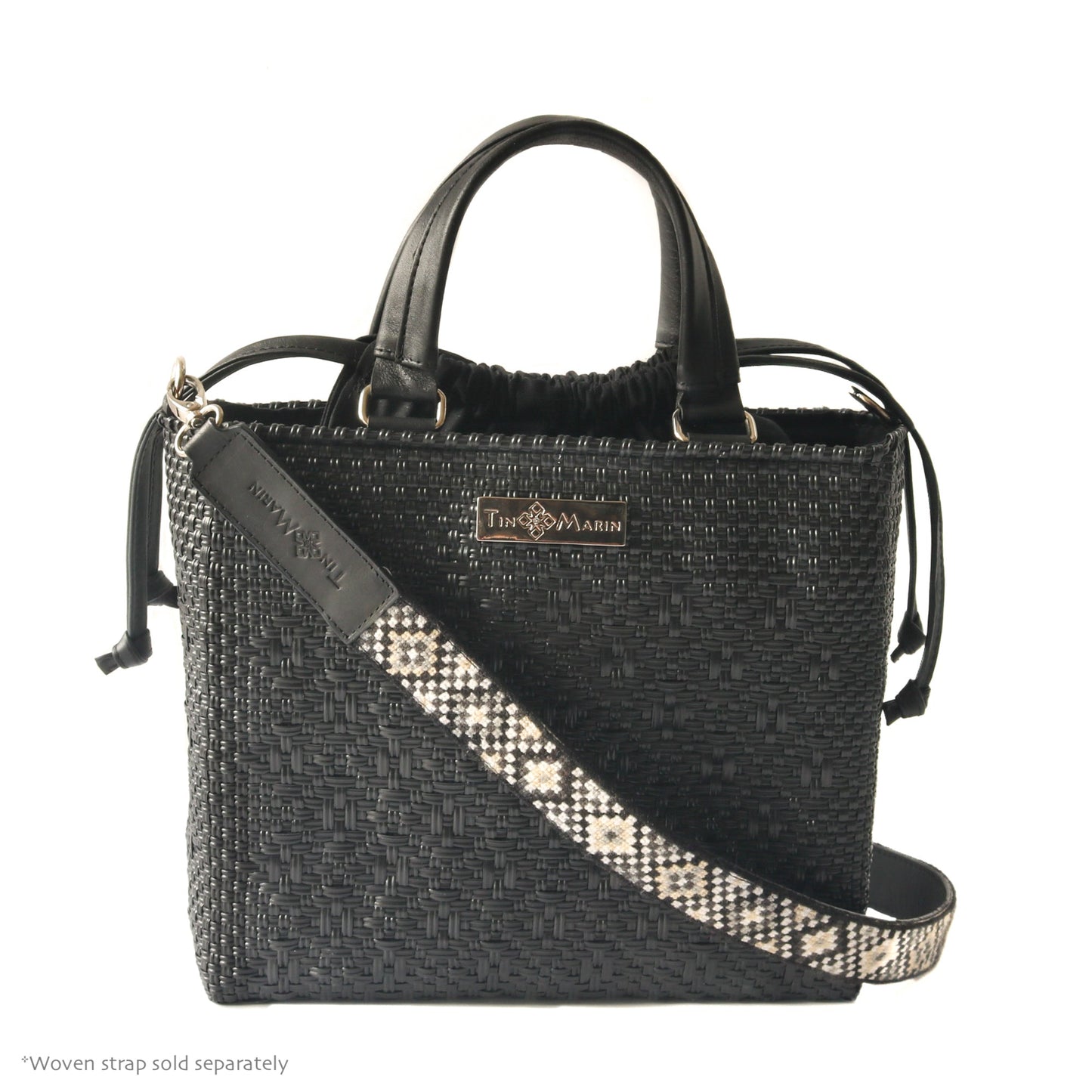 All Black Woven Medium Crossbody Drawstring Bag