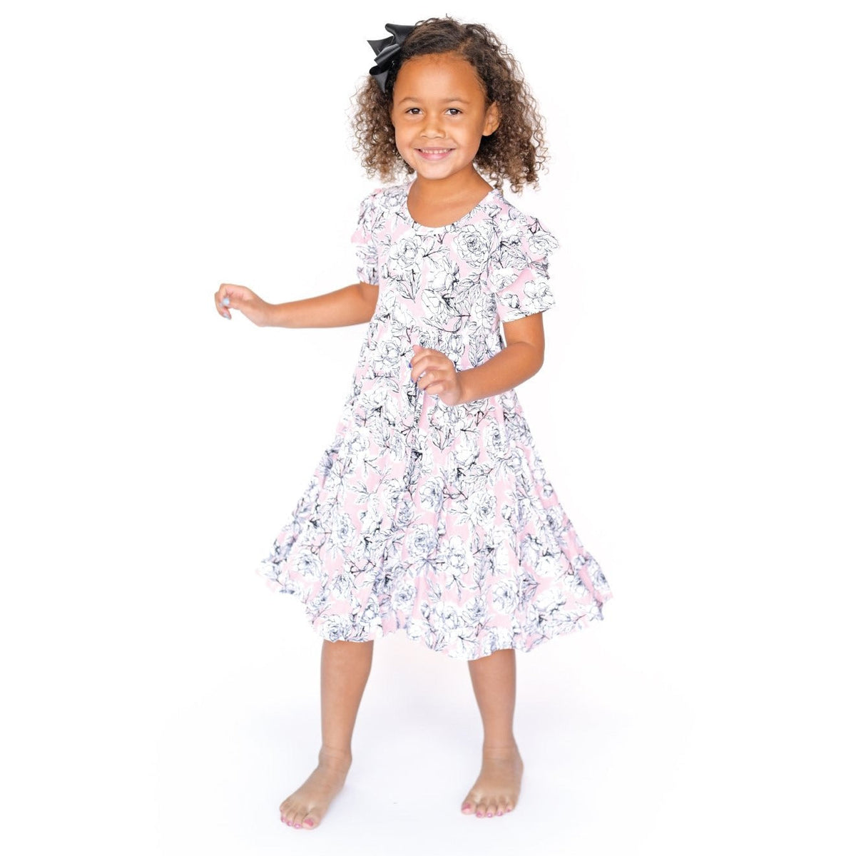 Bamboo Ruffle Spin Dress Floral Knee-Length Short Sleeve Allie