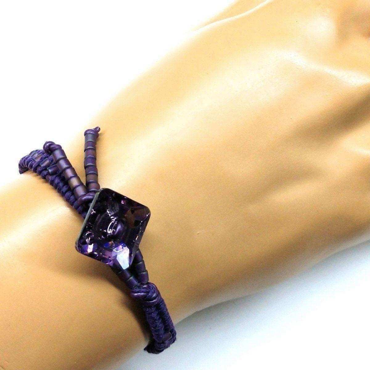 Amethyst Braided Leather Swarovski Crystal Square Button Bracelet Alexa Martha Designs