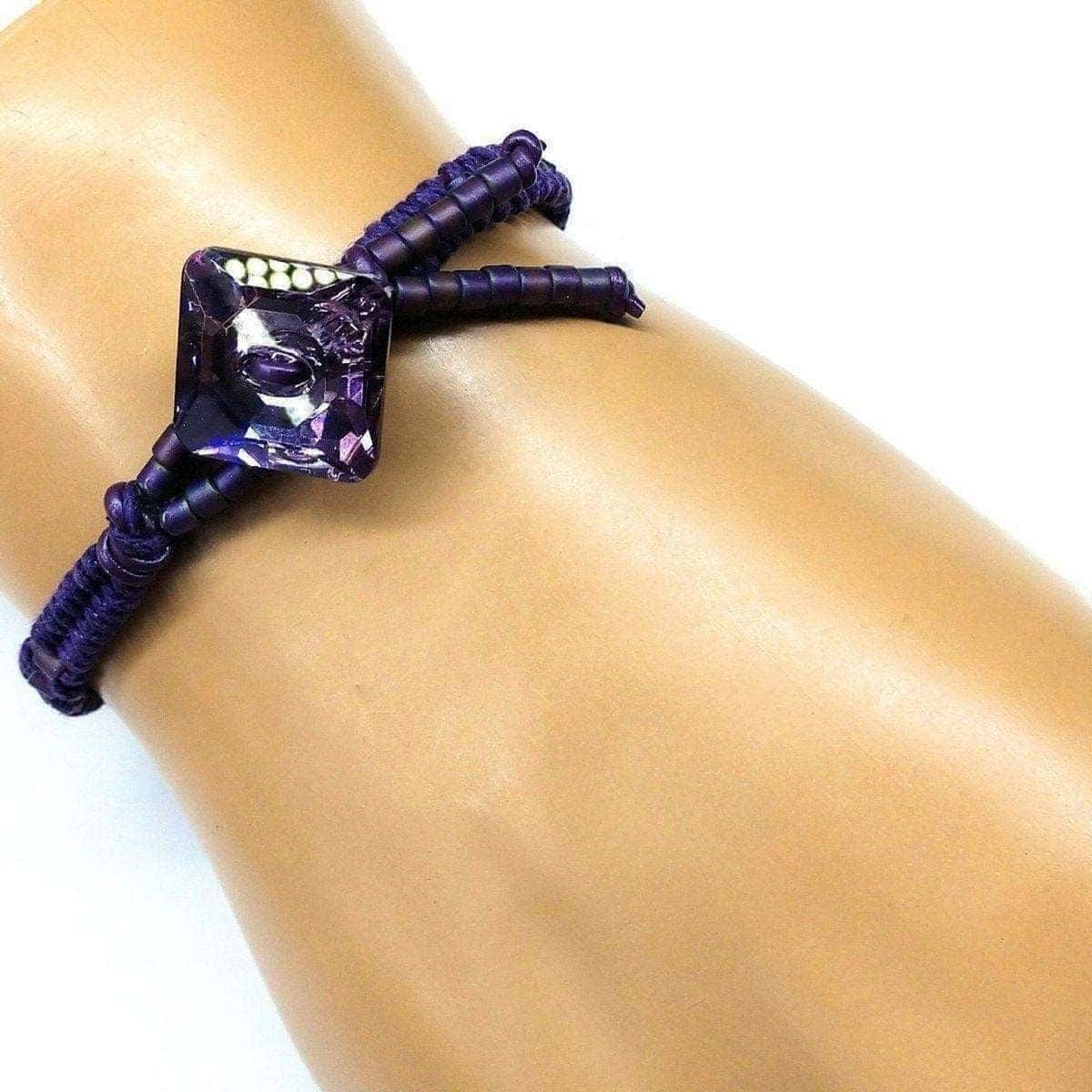 Amethyst Braided Leather Swarovski Crystal Square Button Bracelet Alexa Martha Designs