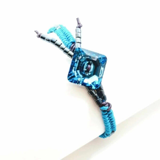 Aqua Hematite Bead Braided Square Swarovski Crystal Button Bracelet Alexa Martha Designs