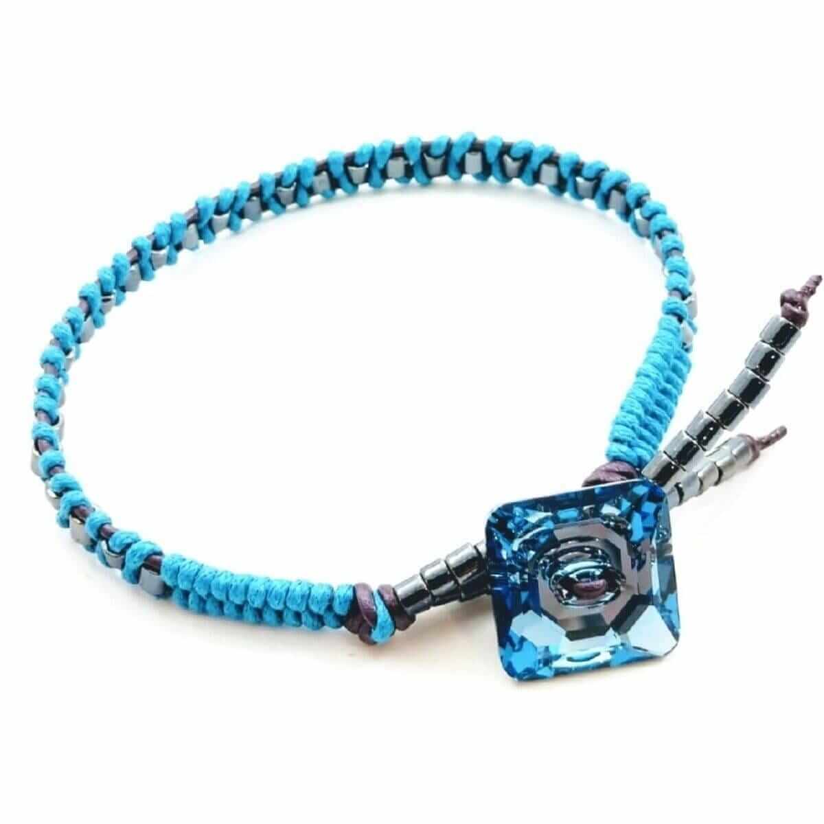 Aqua Hematite Bead Braided Square Swarovski Crystal Button Bracelet Alexa Martha Designs