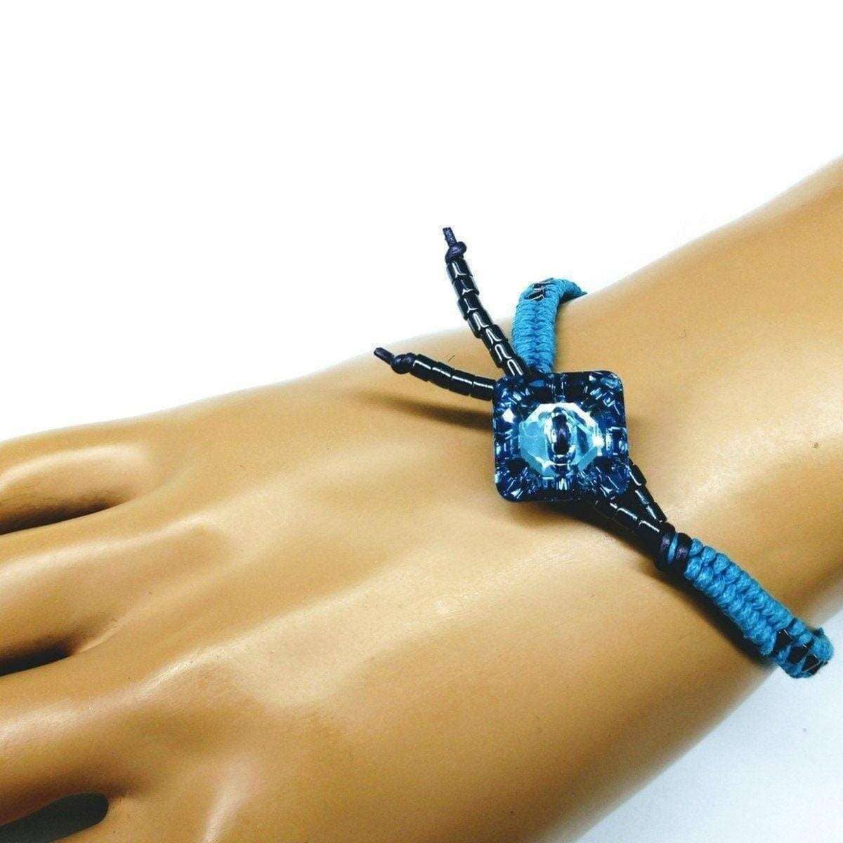 Aqua Hematite Bead Braided Square Swarovski Crystal Button Bracelet Alexa Martha Designs