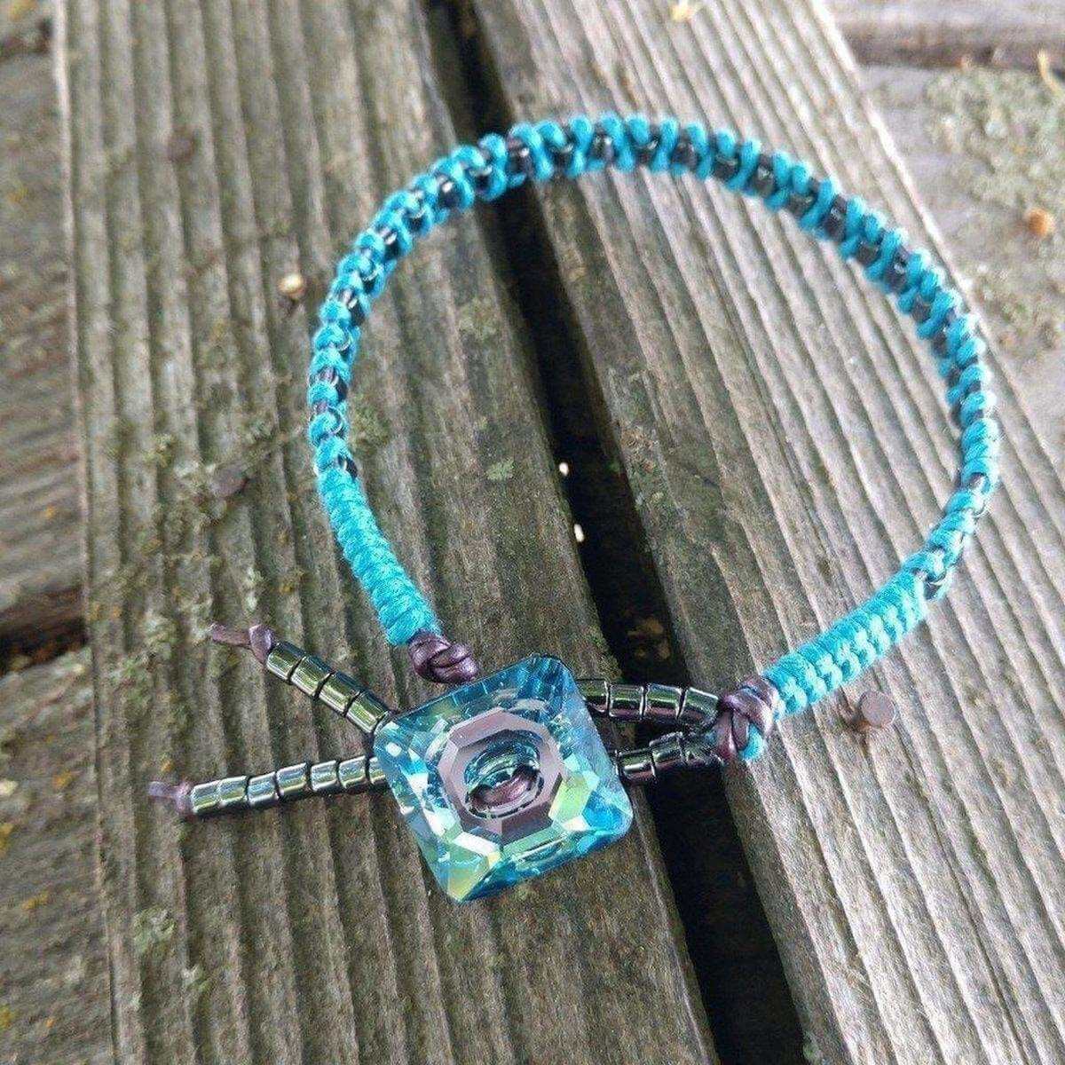 Aqua Hematite Bead Braided Square Swarovski Crystal Button Bracelet Alexa Martha Designs