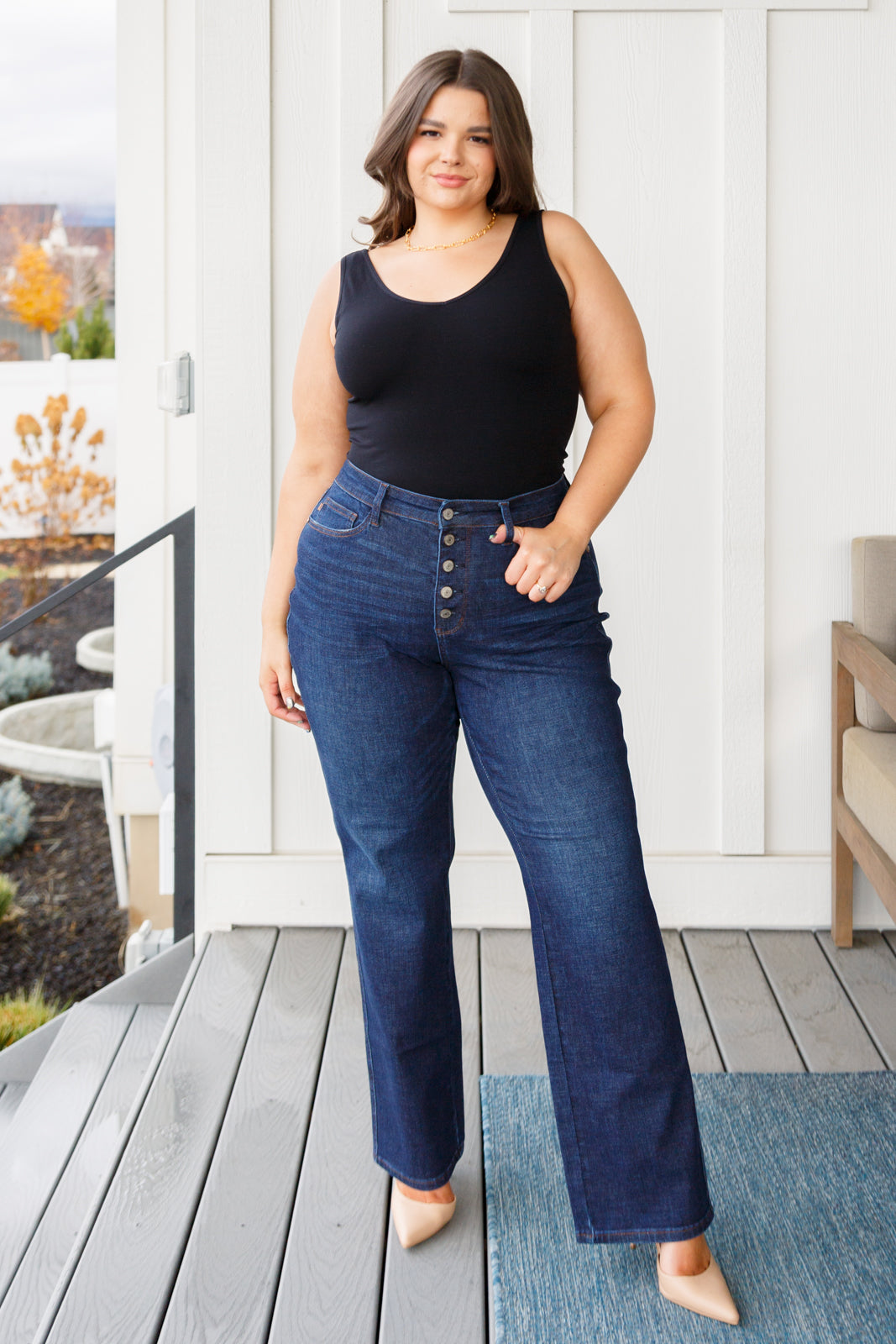 High Rise Button-Fly Straight Jeans Dark Wash Judy Blue