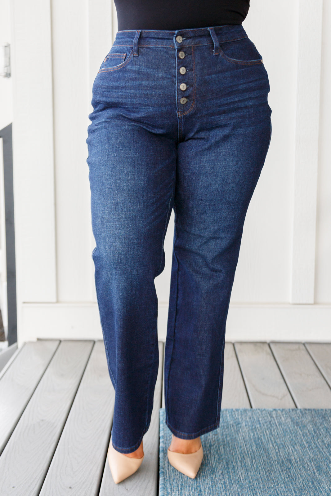 High Rise Button-Fly Straight Jeans Dark Wash Judy Blue