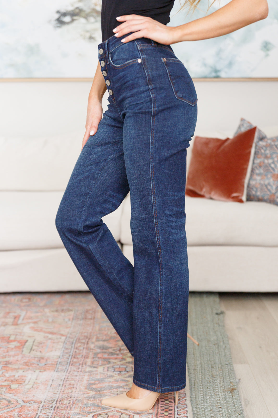 High Rise Button-Fly Straight Jeans Dark Wash Judy Blue