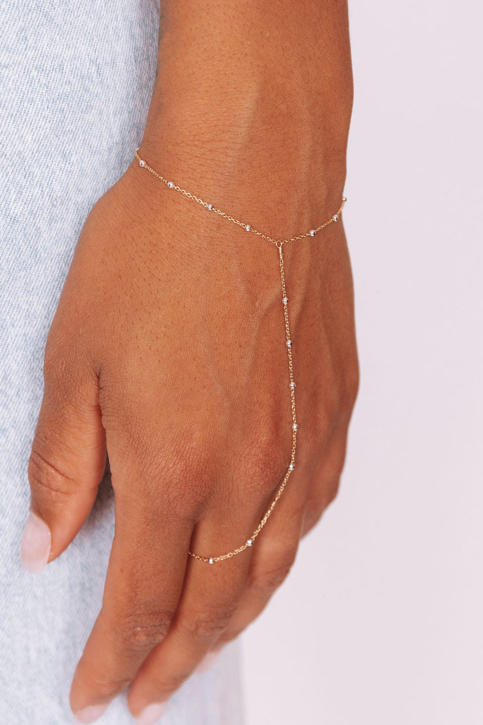 14k Gold Filled Austen Hand Chain with Sterling Silver Satellite Beads
