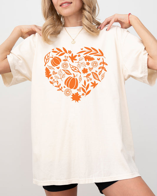 Autumn Heart Design, Pumpkins, Flowers, Leaves, Fall, Thanksgiving, Halloween Shirt Comfort Colors T-Shirt