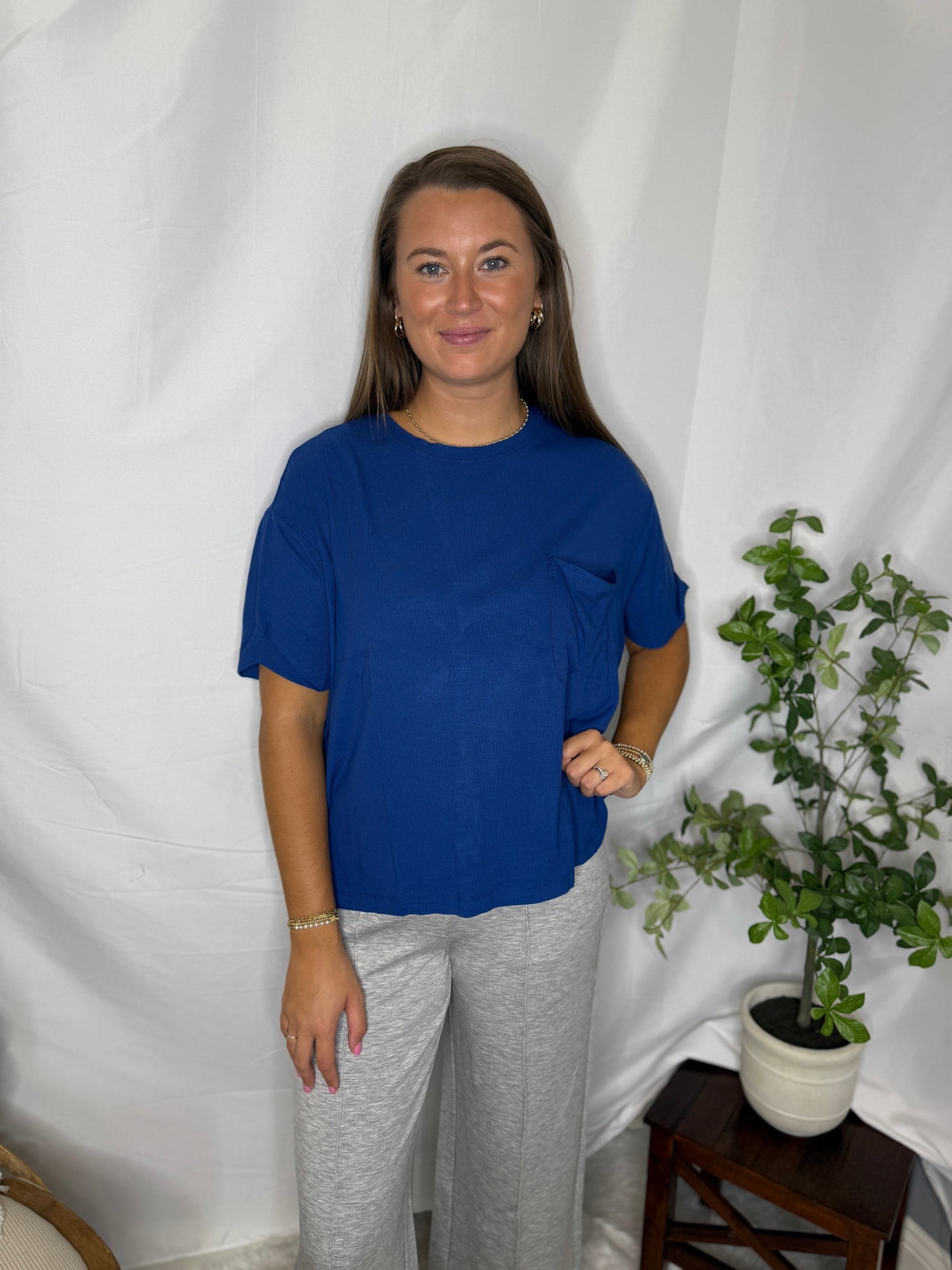 Ribbed Pocket Blue Oversized Tee