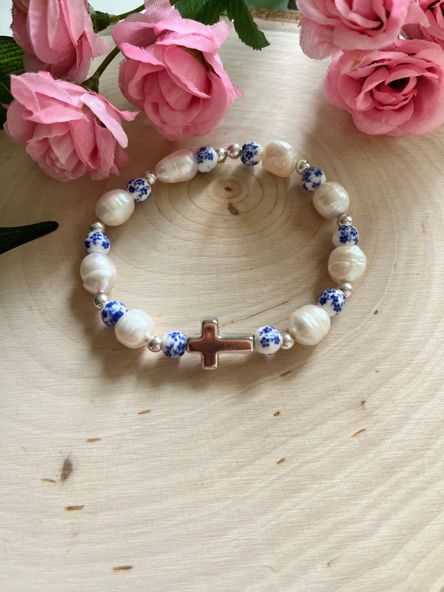 Floral Pearl Cross Bracelet Christian Jewelry for Women Saved By Christ Design