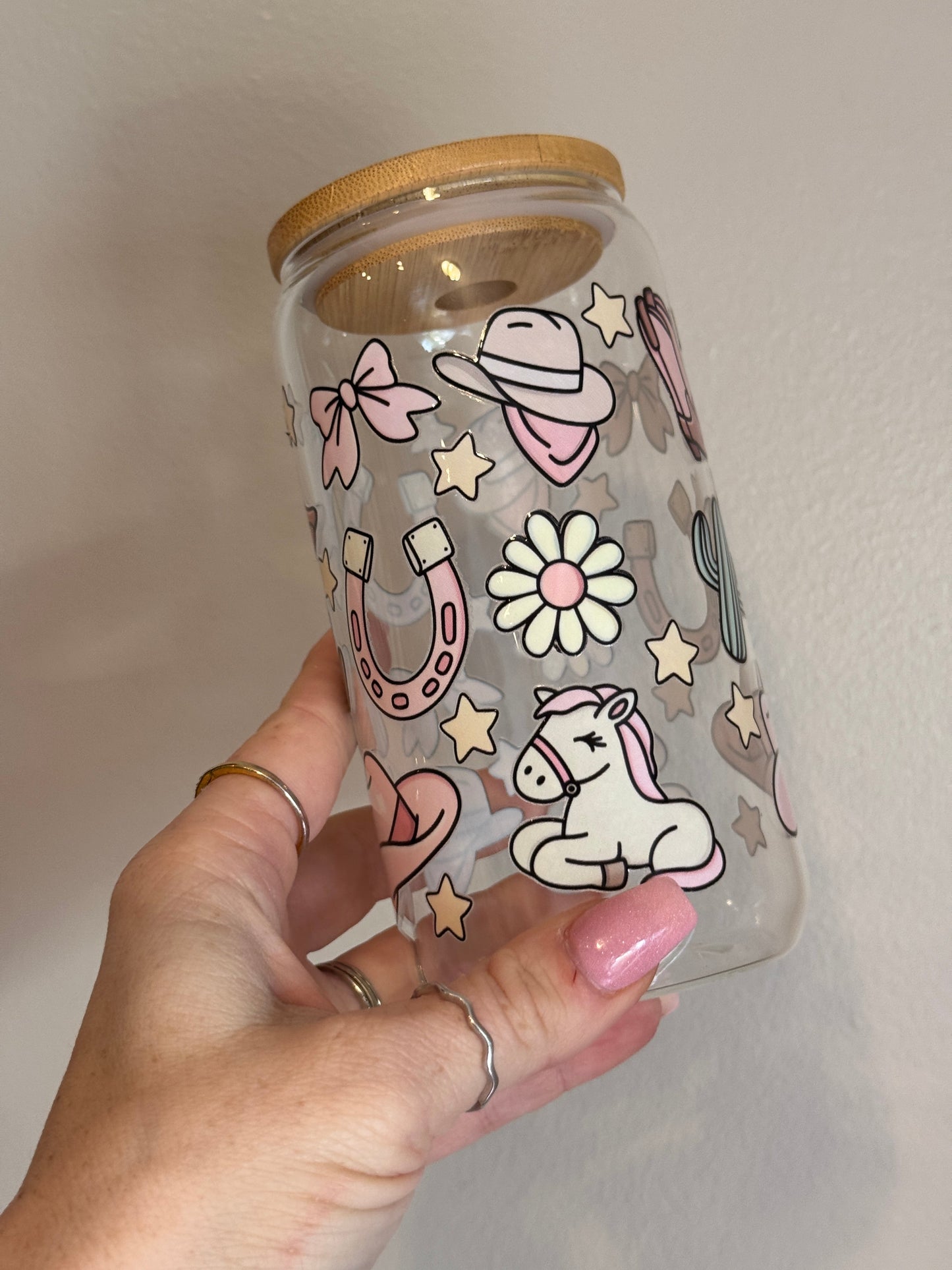 Western Girly Pastel Glass Cup Sawdust and Cedar