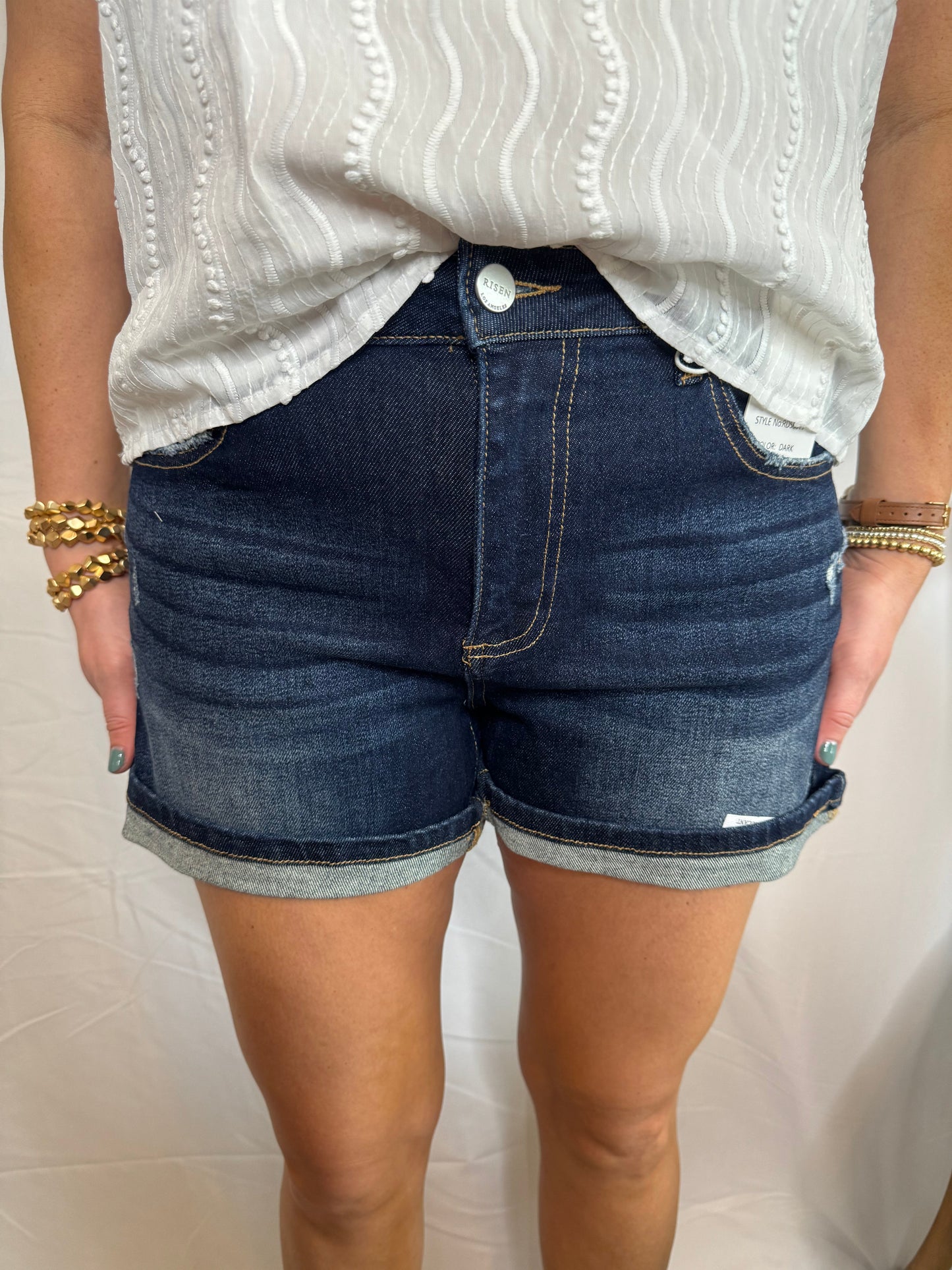 Dark Denim High Rise Cuff Denim Short Risen