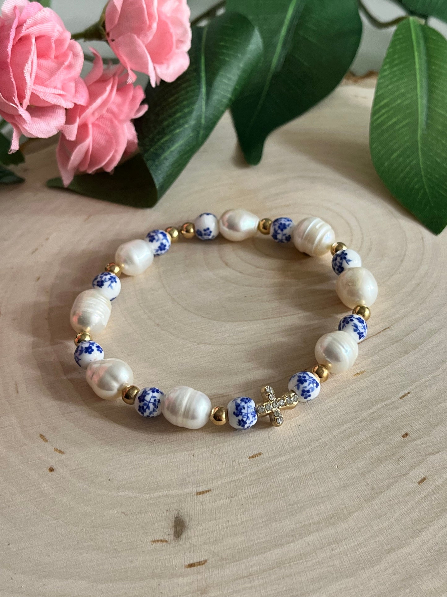 Floral Pearl Cross Bracelet Christian Jewelry for Women Saved By Christ Design