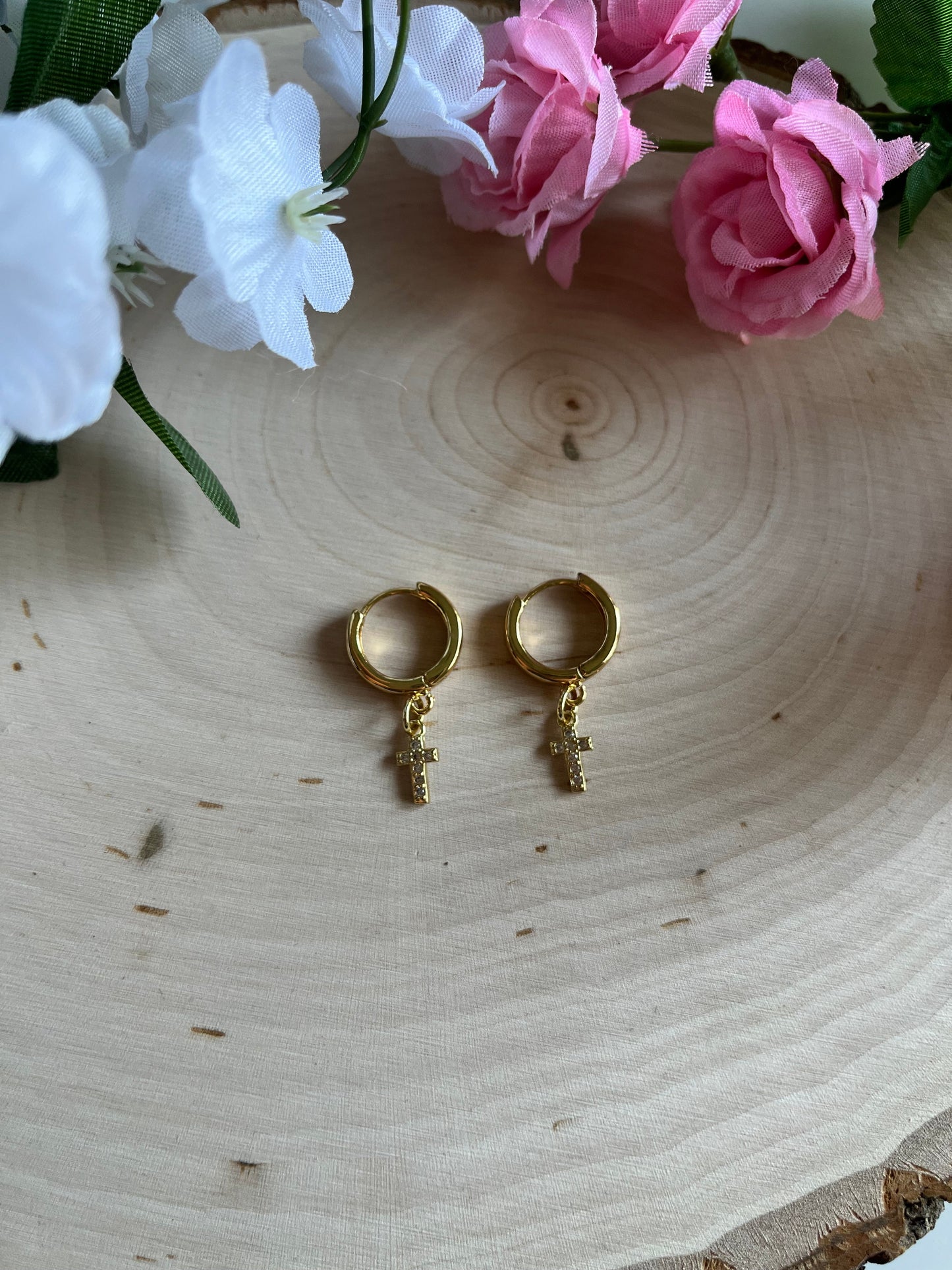 Gold Cross 18K Huggie Earrings Christian Jewelry