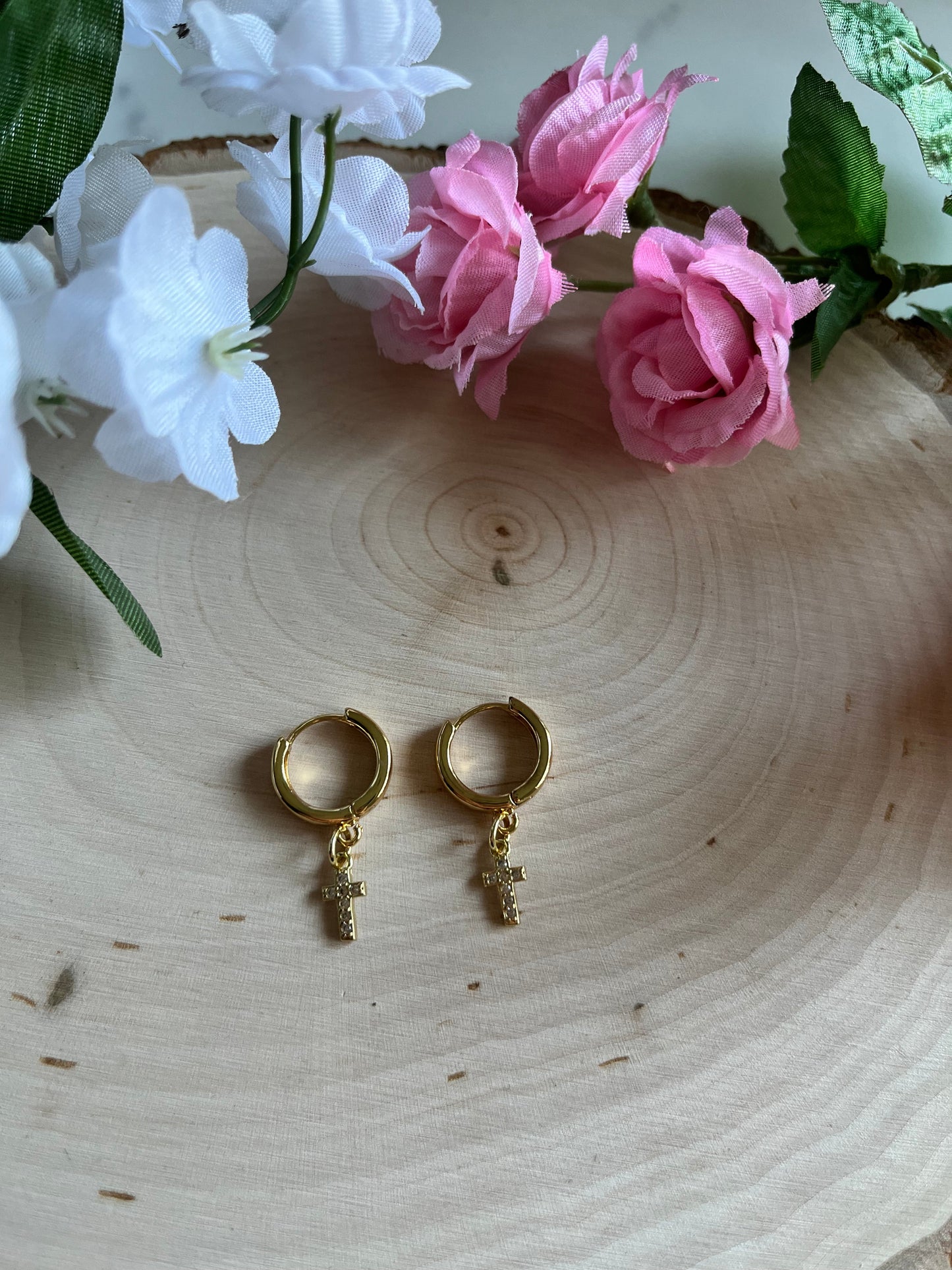 Gold Cross 18K Huggie Earrings Christian Jewelry