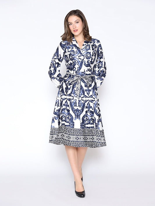Floral Long Sleeve Tie Belt Dress Lapel Collar Gracia D36953