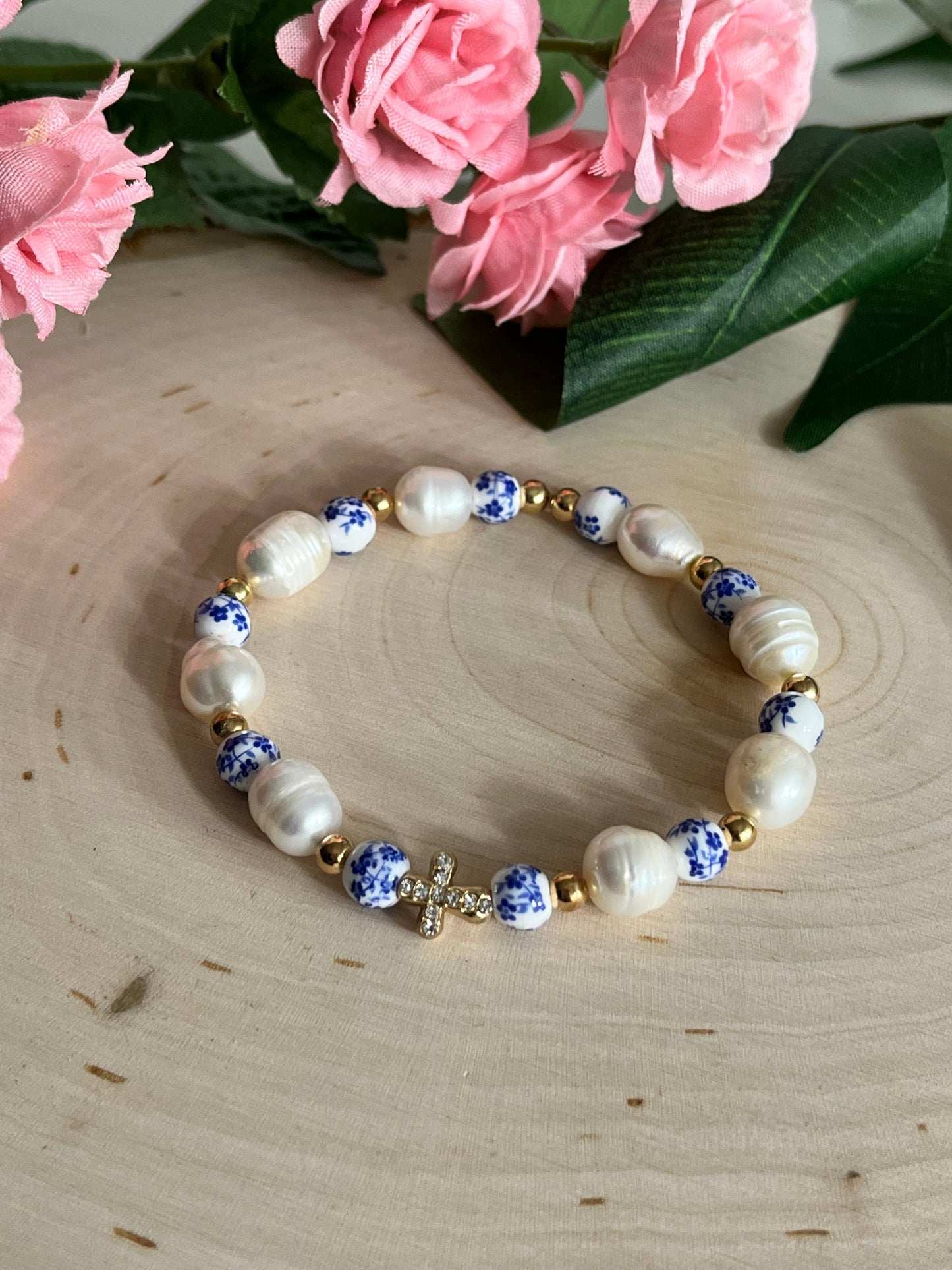 Floral Pearl Cross Bracelet Christian Jewelry for Women Saved By Christ Design
