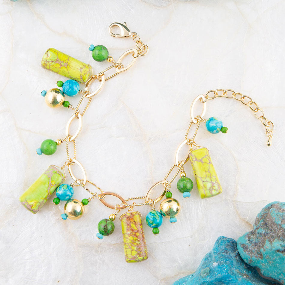 Mixed Lime Green Jasper Charm Golden Bracelet