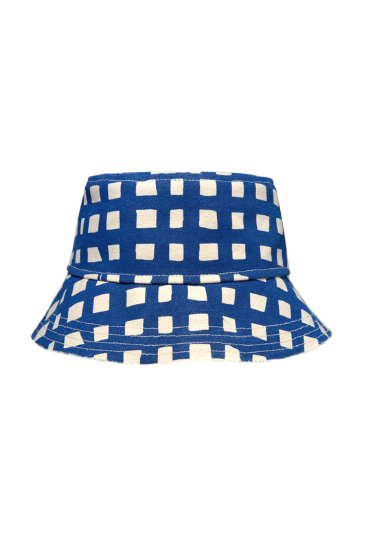 Grid Navy Blue Cotton Canvas Bucket Hat