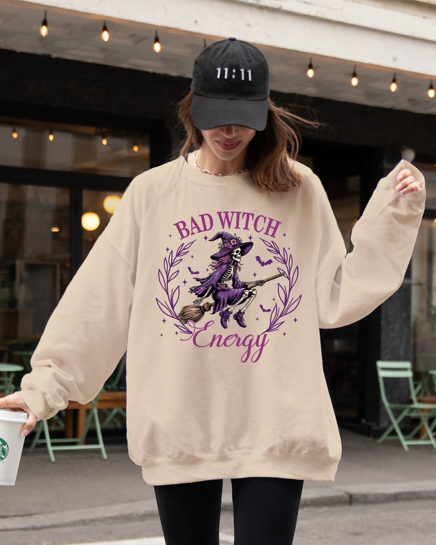 Bad Witch Energy, Funny, Halloween, Broom, Skeleton, Spooky Sweatshirt