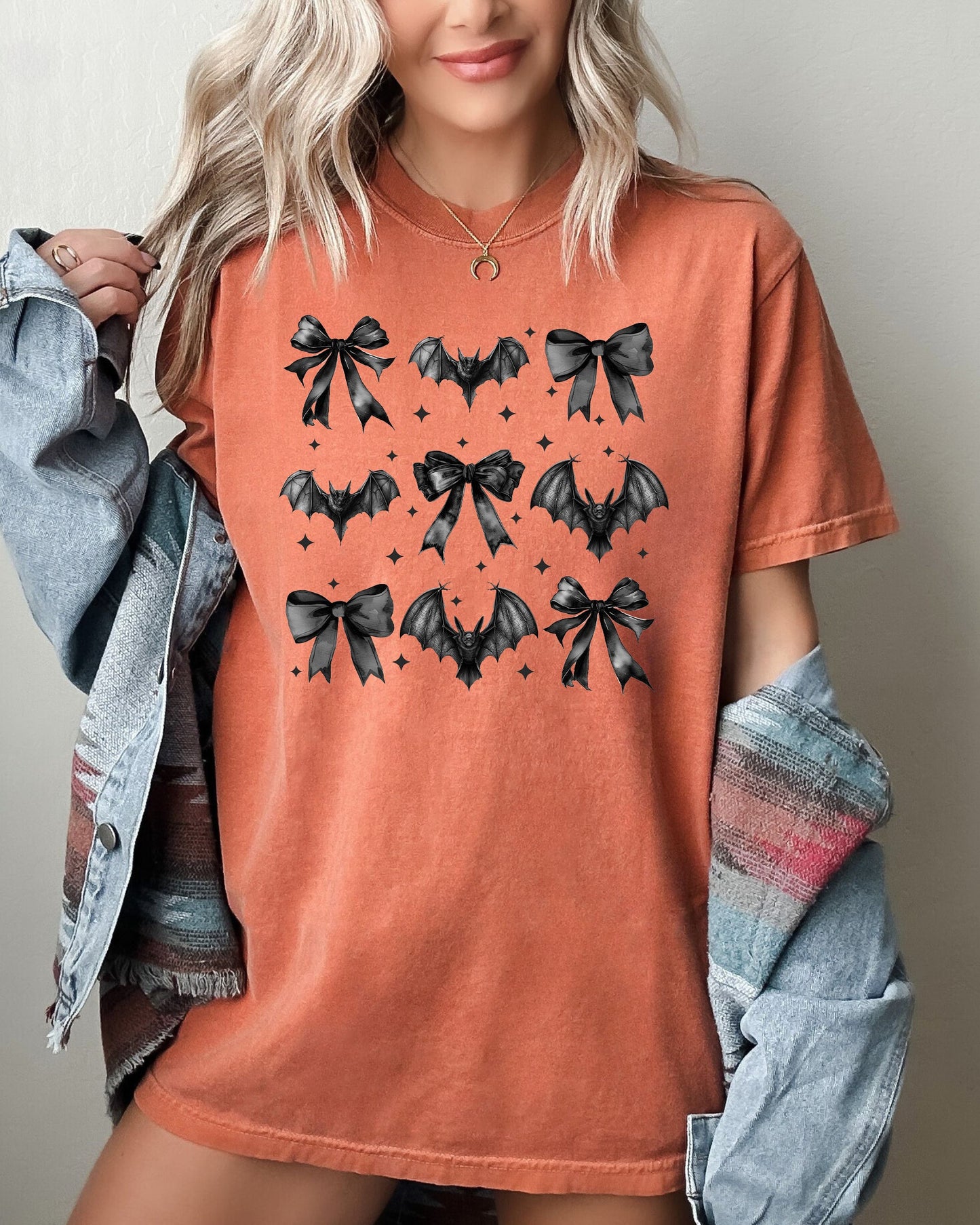 Bats, Black Bows, Vampire, Coquette, Ribbons, Halloween, Lace, Gothic, Spooky, Scary, Fangs Shirt Comfort Colors T-Shirt