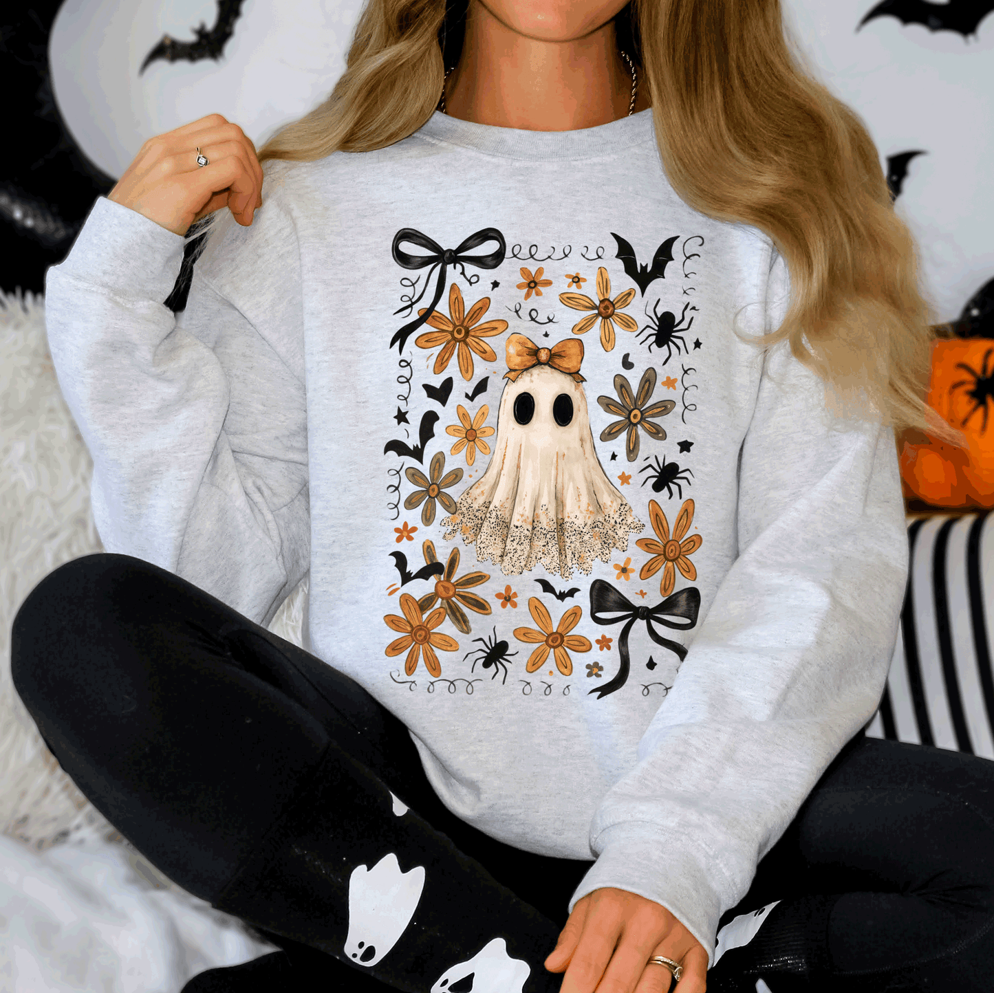 Beautiful Halloween, Bows, Bats, Flowers Sweatshirt